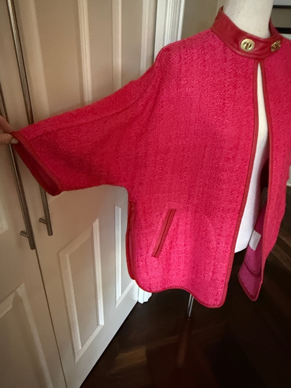 Coach Pink Short-Sleeve Bouclé Sweater Jacket with Leather Trim Small - Picture 6 of 11